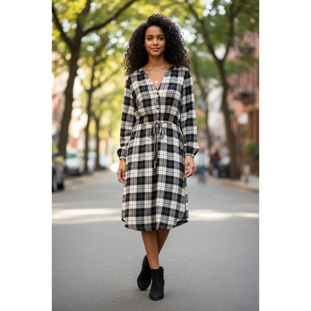 Knox Rose Plaid Long Sleeve Dress V-neck Drawstring Waist Country Farmer Sz L